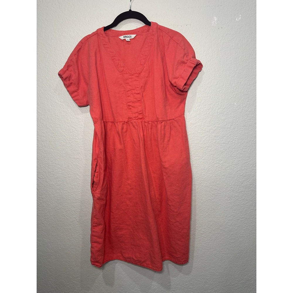 Briggs Womens Coral Pink Linen Blend V-Neck Pocket Midi Dress Size S 1605017